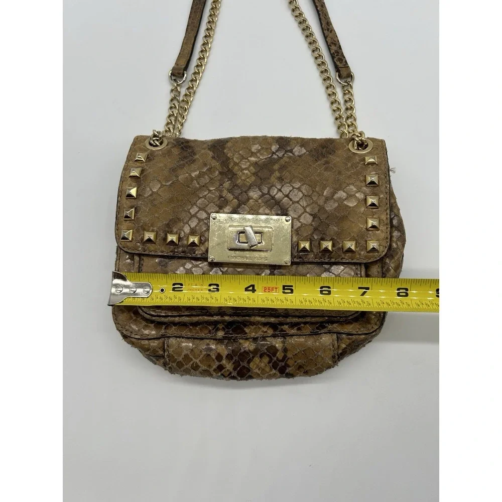 MICHAEL KORS Selma Python Embossed‎ Leather Studded Shoulder Bag Gold Chain Flap